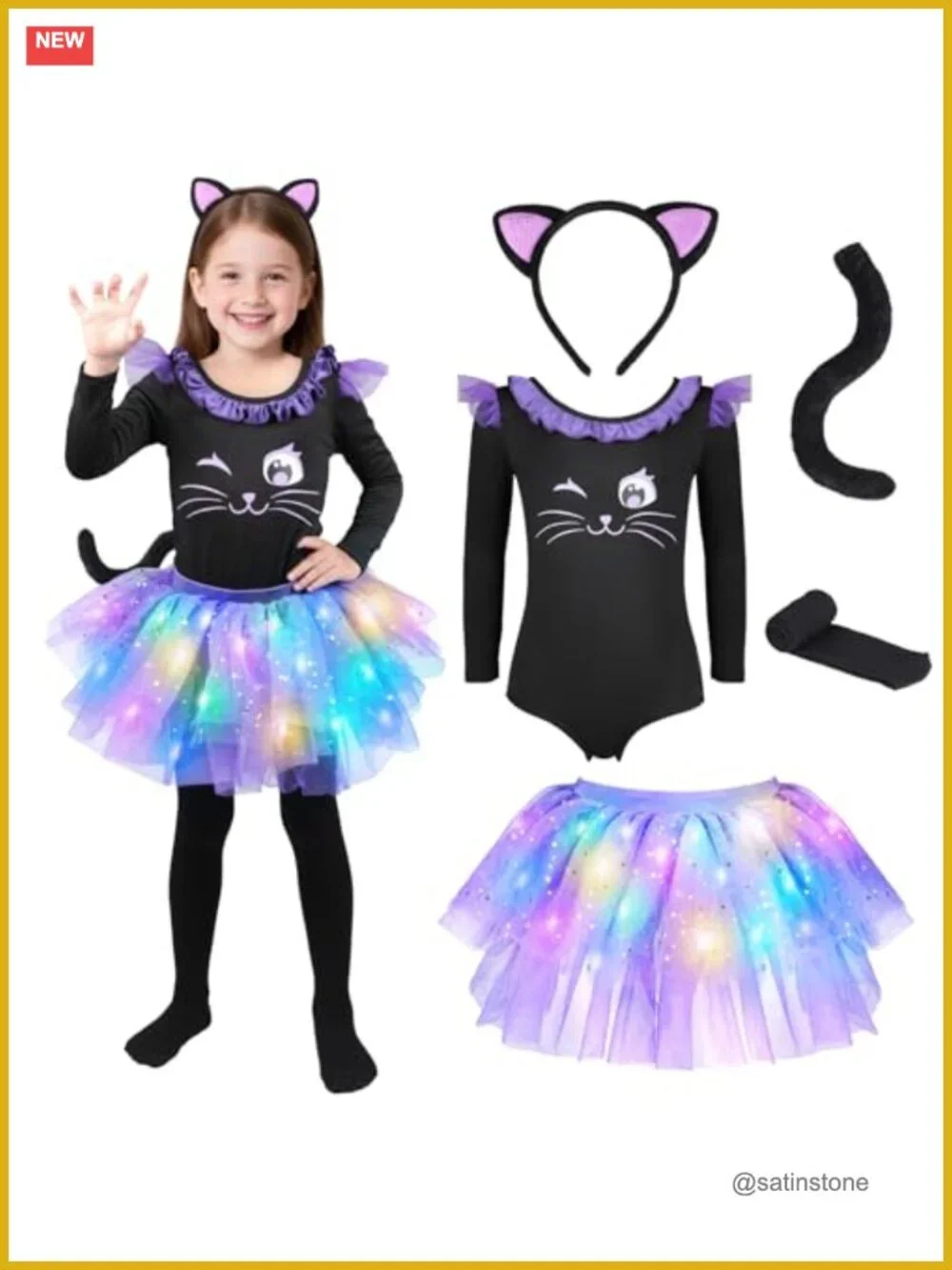 Girls Light Up Cat Costume Halloween Tutu Dress Up Set